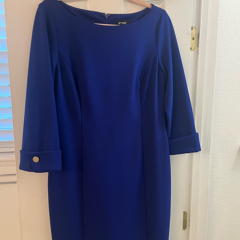 DKNY Blue Sheath Dress with Cuffed 3/4 Sleeves